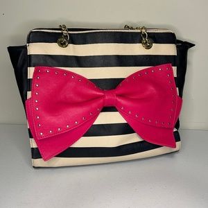 Betsey Johnson  Black & White Striped Vegan Tote Bag with a Big Pink Bow